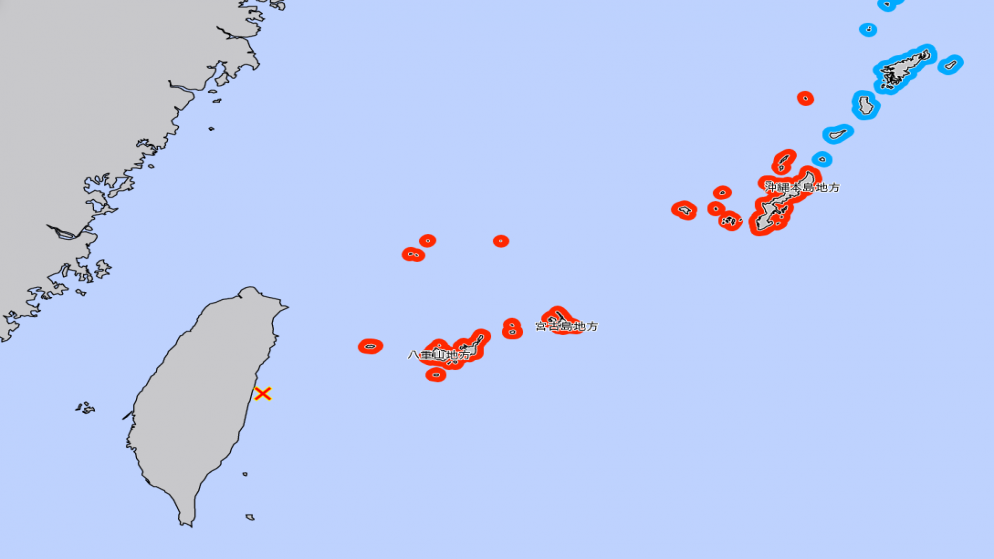 تحذير من تسونامي في المناطق المحاطة باللون الأحمر. (وكالة الأرصاد الجوية اليابانية)